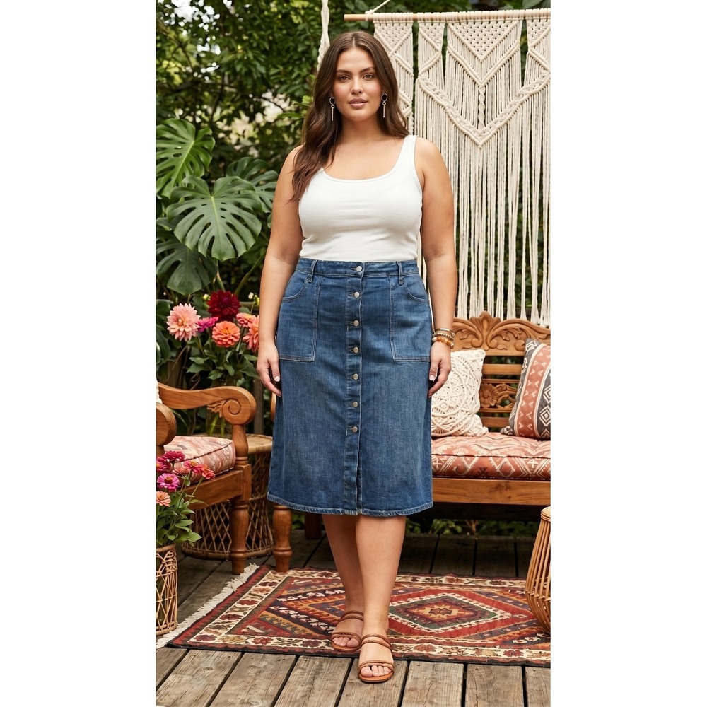 Sonoma Hi Rise Denim Skirt 18W Button Fly Midi Relaxed - Picture 1 of 16